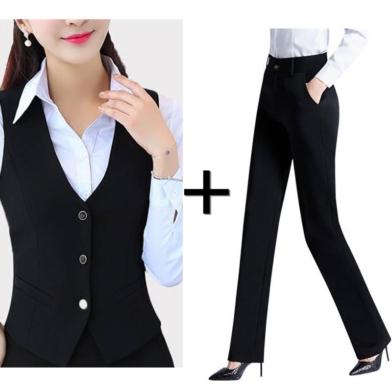 Black vests, black pants, white shirts